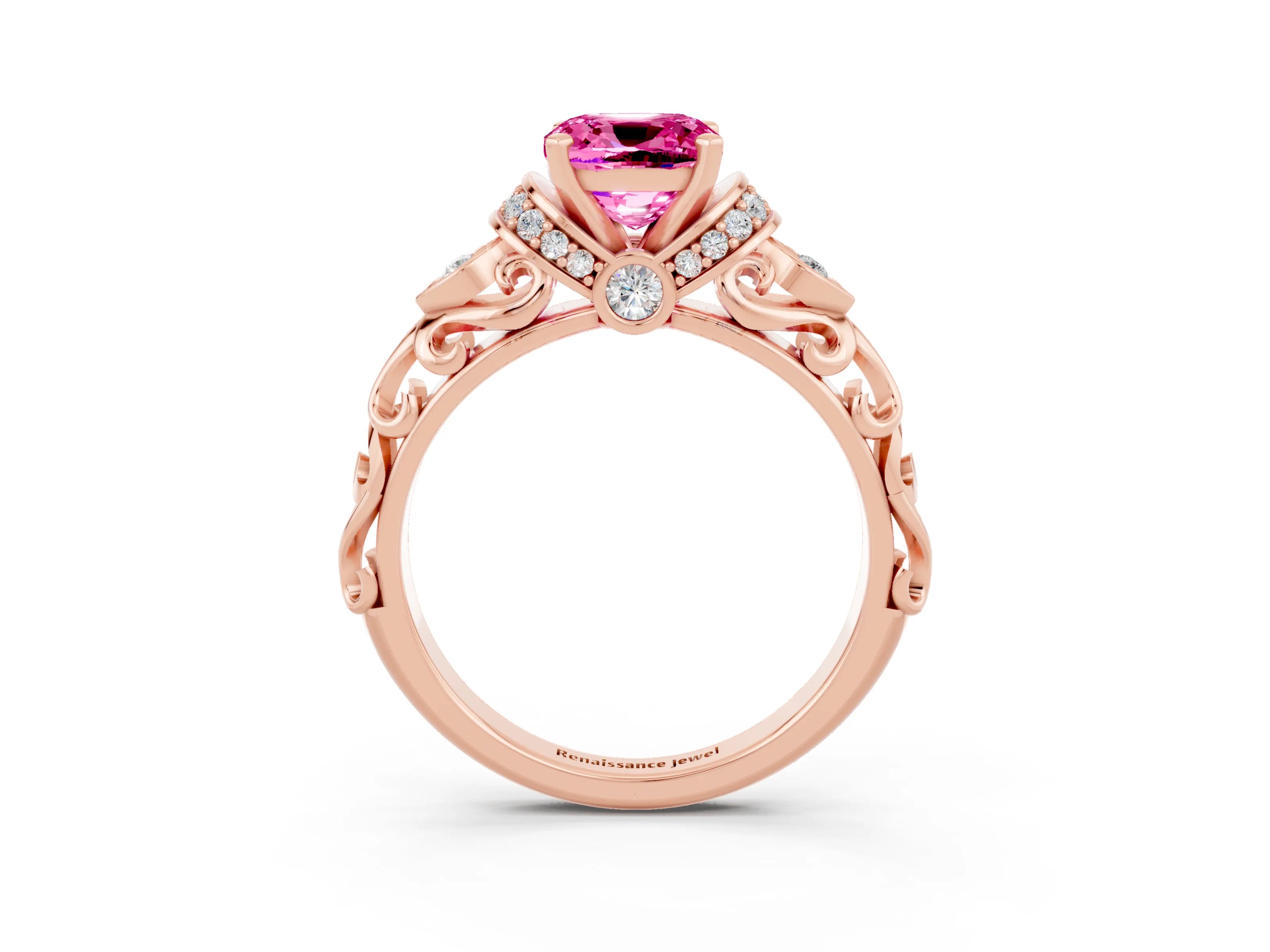 Rose gold Cushion Cut Pink Sapphire Solitaire Ring with Filigree Band and Four-Prong Setting_51