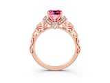 Rose gold Cushion Cut Pink Sapphire Solitaire Ring with Filigree Band and Four-Prong Setting_51