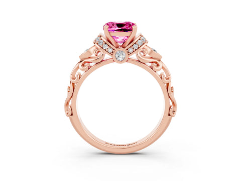 Rose gold Cushion Cut Pink Sapphire Solitaire Ring with Filigree Band and Four-Prong Setting_51