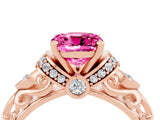 Rose gold Cushion Cut Pink Sapphire Solitaire Ring with Filigree Band and Four-Prong Setting_52