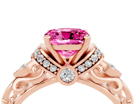 Rose gold Cushion Cut Pink Sapphire Solitaire Ring with Filigree Band and Four-Prong Setting_52