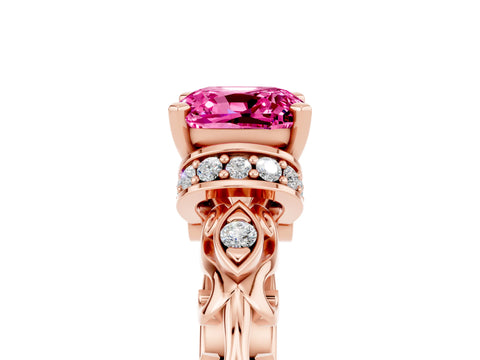Rose gold Cushion Cut Pink Sapphire Solitaire Ring with Filigree Band and Four-Prong Setting_53