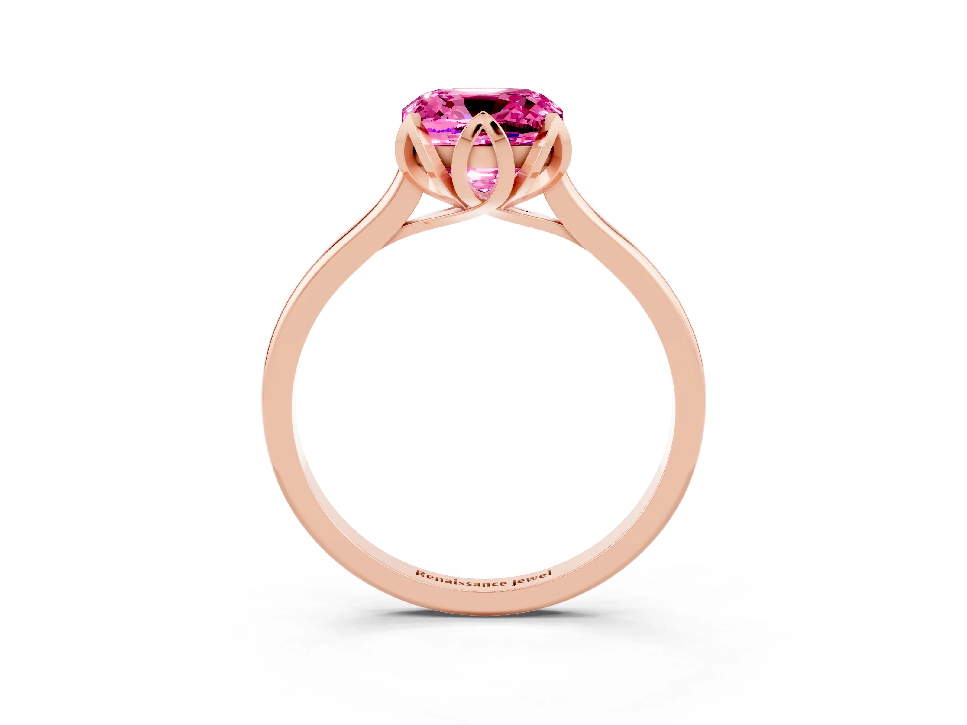 Rose gold Cushion Cut Pink Sapphire Solitaire Ring with Flower Prong Setting and Classic Band_15
