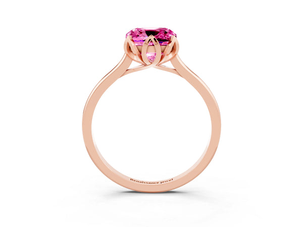 Rose gold Cushion Cut Pink Sapphire Solitaire Ring with Flower Prong Setting and Classic Band