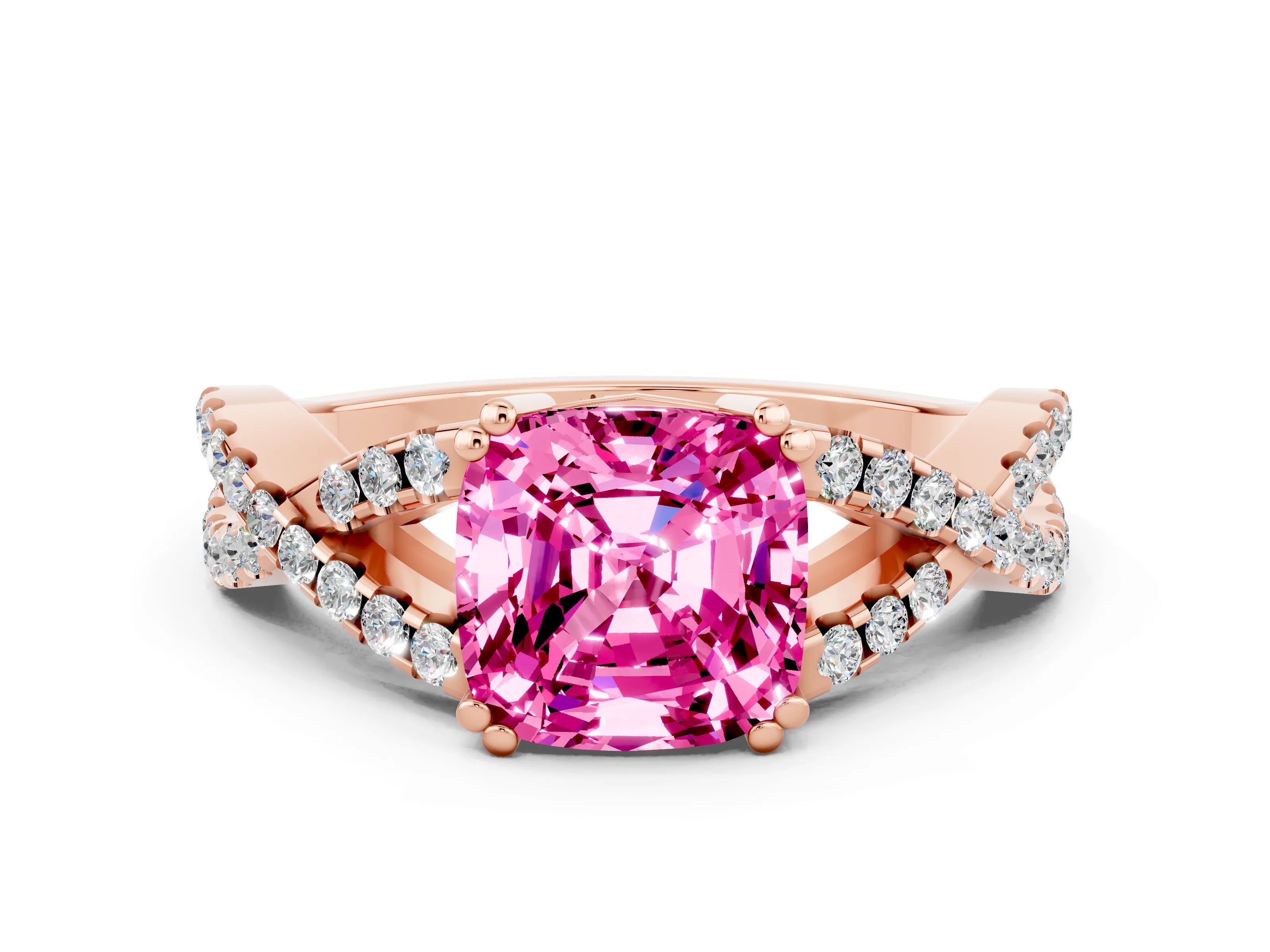 Rose gold Cushion Cut Pink Sapphire Solitaire Ring with Four-Prong Setting and Twisted Pavé Band_12