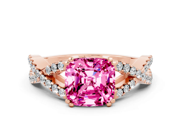 Rose gold Cushion Cut Pink Sapphire Solitaire Ring with Four-Prong Setting and Twisted Pavé Band