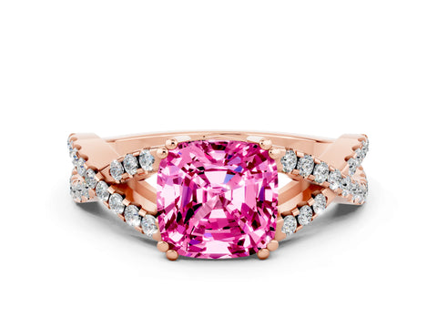 Rose gold Cushion Cut Pink Sapphire Solitaire Ring with Four-Prong Setting and Twisted Pavé Band_12