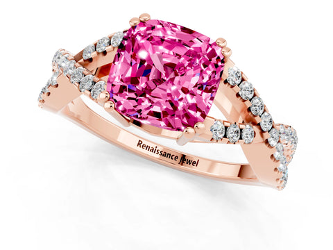 Rose gold Cushion Cut Pink Sapphire Solitaire Ring with Four-Prong Setting and Twisted Pavé Band_13