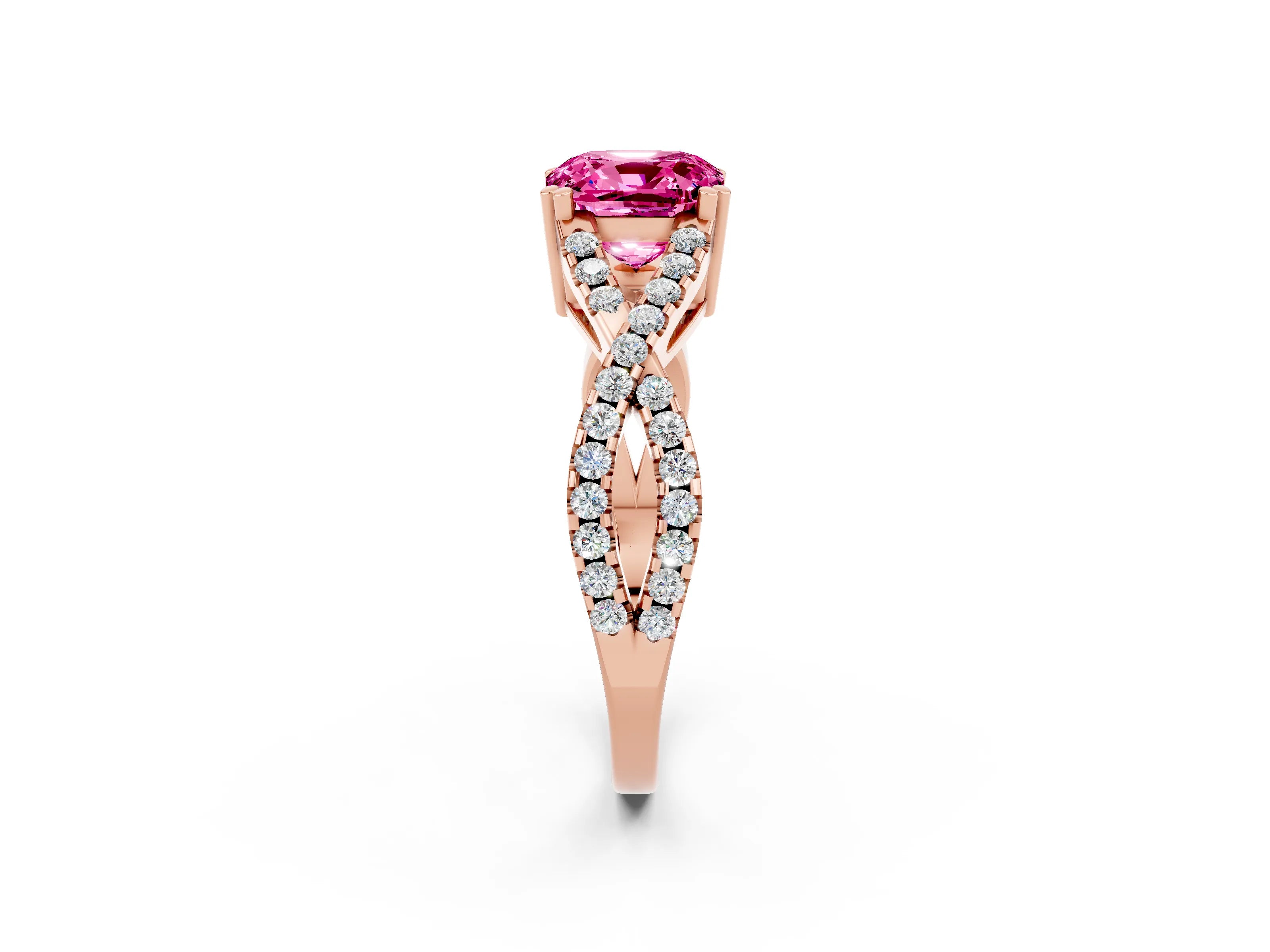 Rose gold Cushion Cut Pink Sapphire Solitaire Ring with Four-Prong Setting and Twisted Pavé Band_14