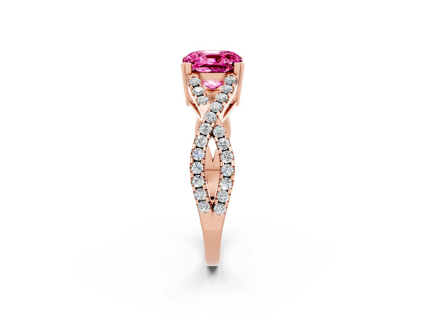 Rose gold Cushion Cut Pink Sapphire Solitaire Ring with Four-Prong Setting and Twisted Pavé Band