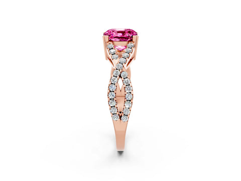 Rose gold Cushion Cut Pink Sapphire Solitaire Ring with Four-Prong Setting and Twisted Pavé Band_14
