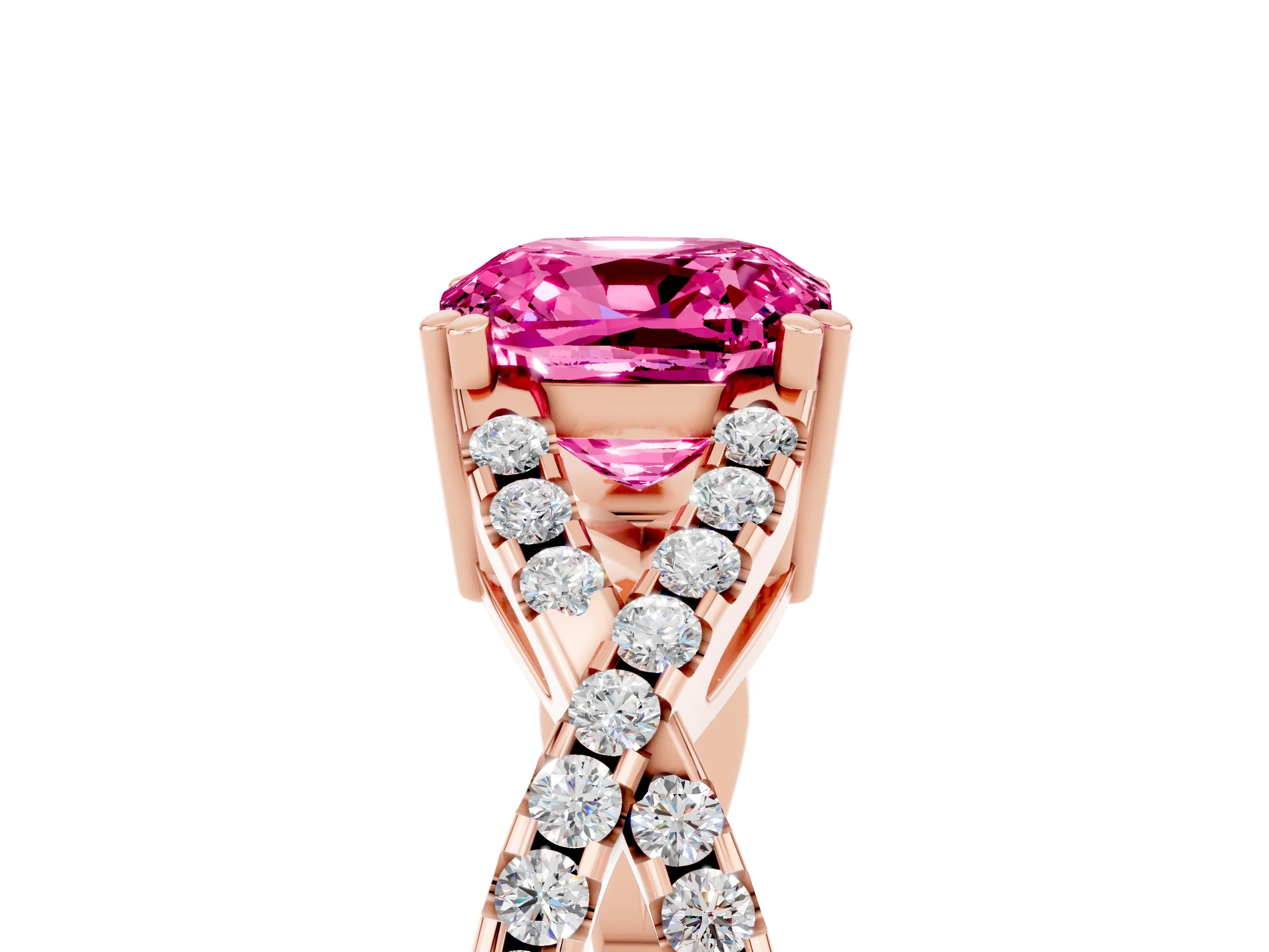 Rose gold Cushion Cut Pink Sapphire Solitaire Ring with Four-Prong Setting and Twisted Pavé Band_17