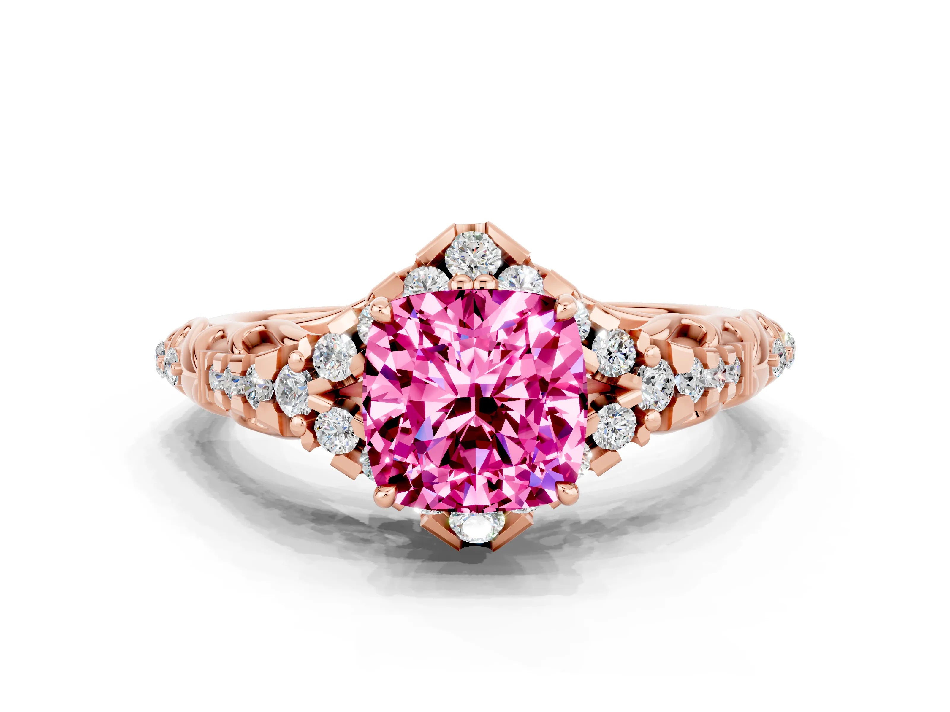 Rose gold Cushion Cut Pink Sapphire Solitaire Ring with Hidden Halo and Pavé Band_12