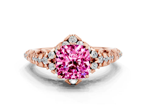 Rose gold Cushion Cut Pink Sapphire Solitaire Ring with Hidden Halo and Pavé Band_12