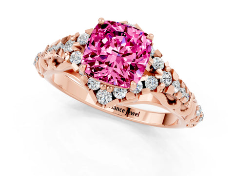Rose gold Cushion Cut Pink Sapphire Solitaire Ring with Hidden Halo and Pavé Band_13