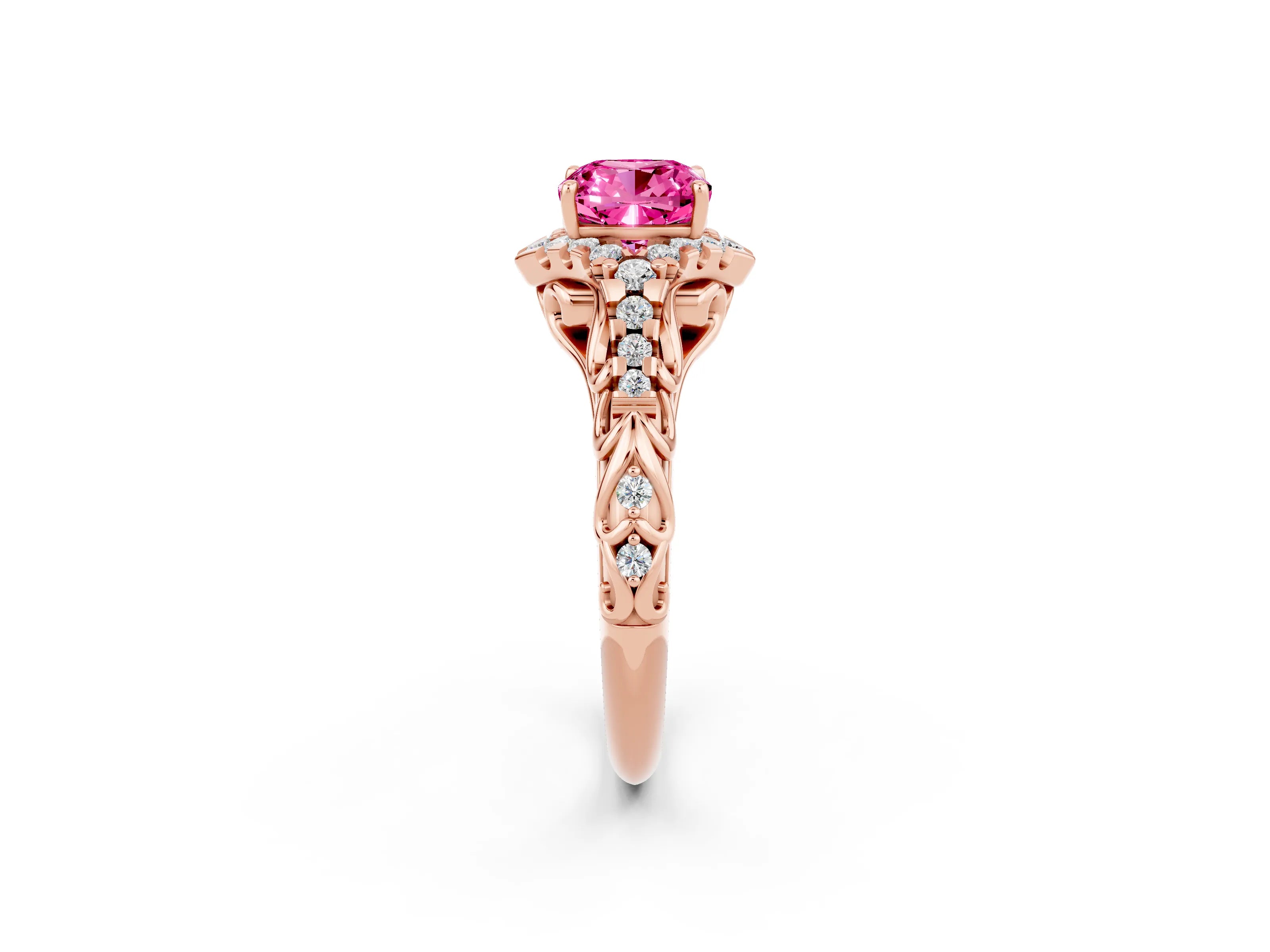 Rose gold Cushion Cut Pink Sapphire Solitaire Ring with Hidden Halo and Pavé Band_14