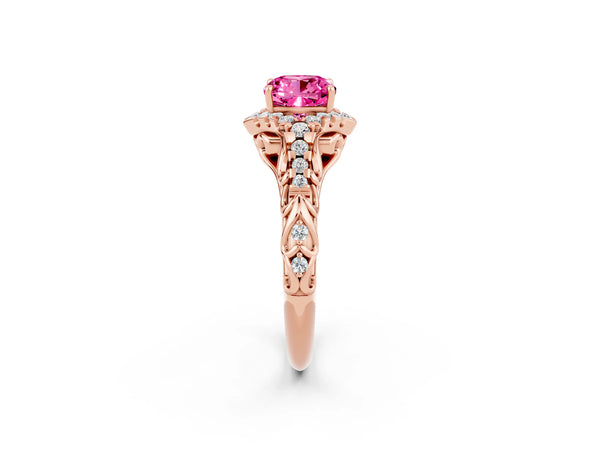 Rose gold Cushion Cut Pink Sapphire Solitaire Ring with Hidden Halo and Pavé Band
