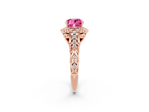 Rose gold Cushion Cut Pink Sapphire Solitaire Ring with Hidden Halo and Pavé Band_14