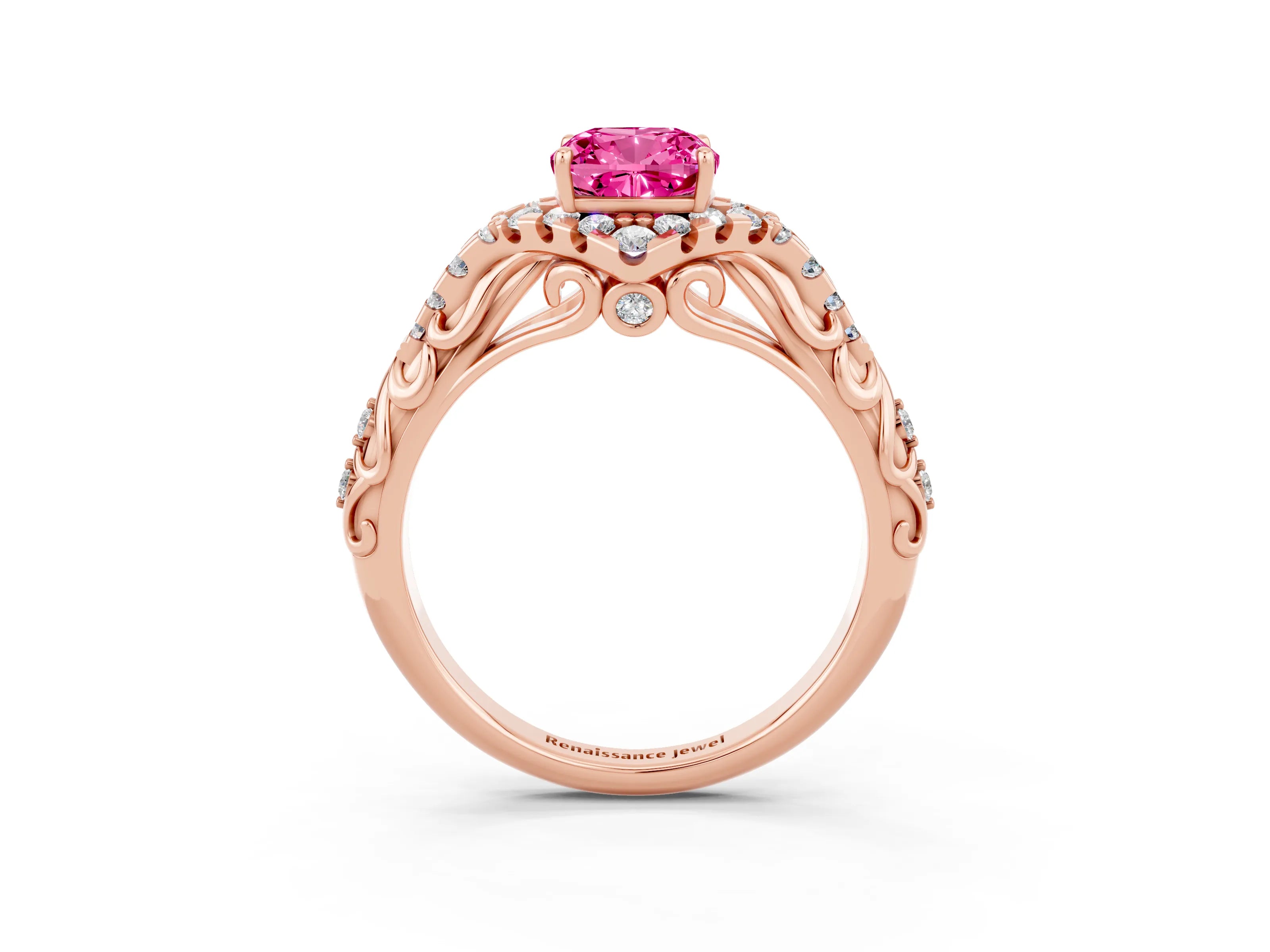 Rose gold Cushion Cut Pink Sapphire Solitaire Ring with Hidden Halo and Pavé Band_15