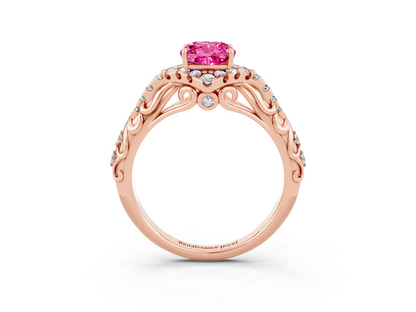 Rose gold Cushion Cut Pink Sapphire Solitaire Ring with Hidden Halo and Pavé Band