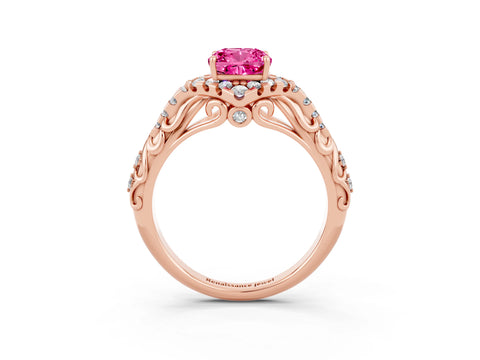 Rose gold Cushion Cut Pink Sapphire Solitaire Ring with Hidden Halo and Pavé Band_15