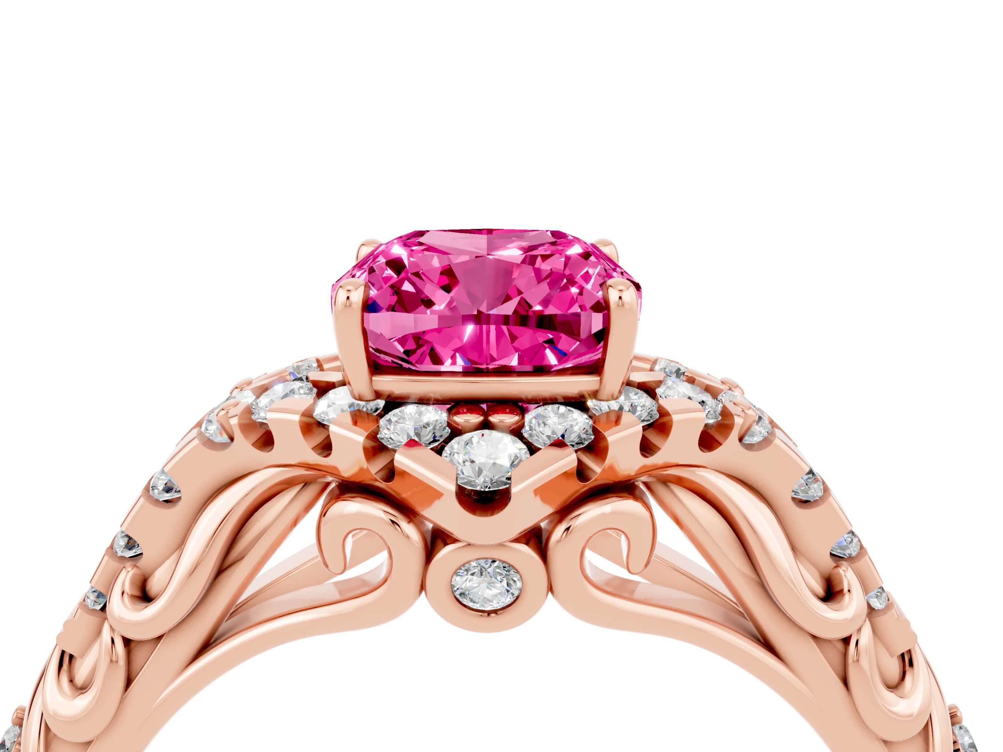 Rose gold Cushion Cut Pink Sapphire Solitaire Ring with Hidden Halo and Pavé Band_16