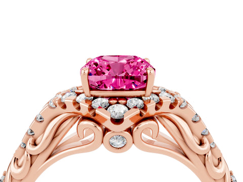 Rose gold Cushion Cut Pink Sapphire Solitaire Ring with Hidden Halo and Pavé Band_16
