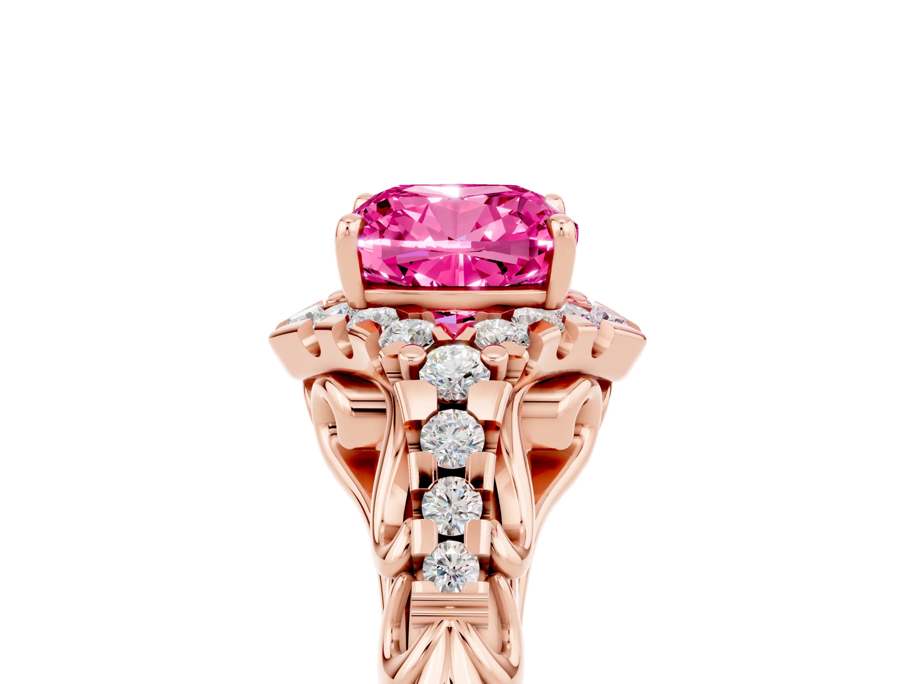 Rose gold Cushion Cut Pink Sapphire Solitaire Ring with Hidden Halo and Pavé Band_17