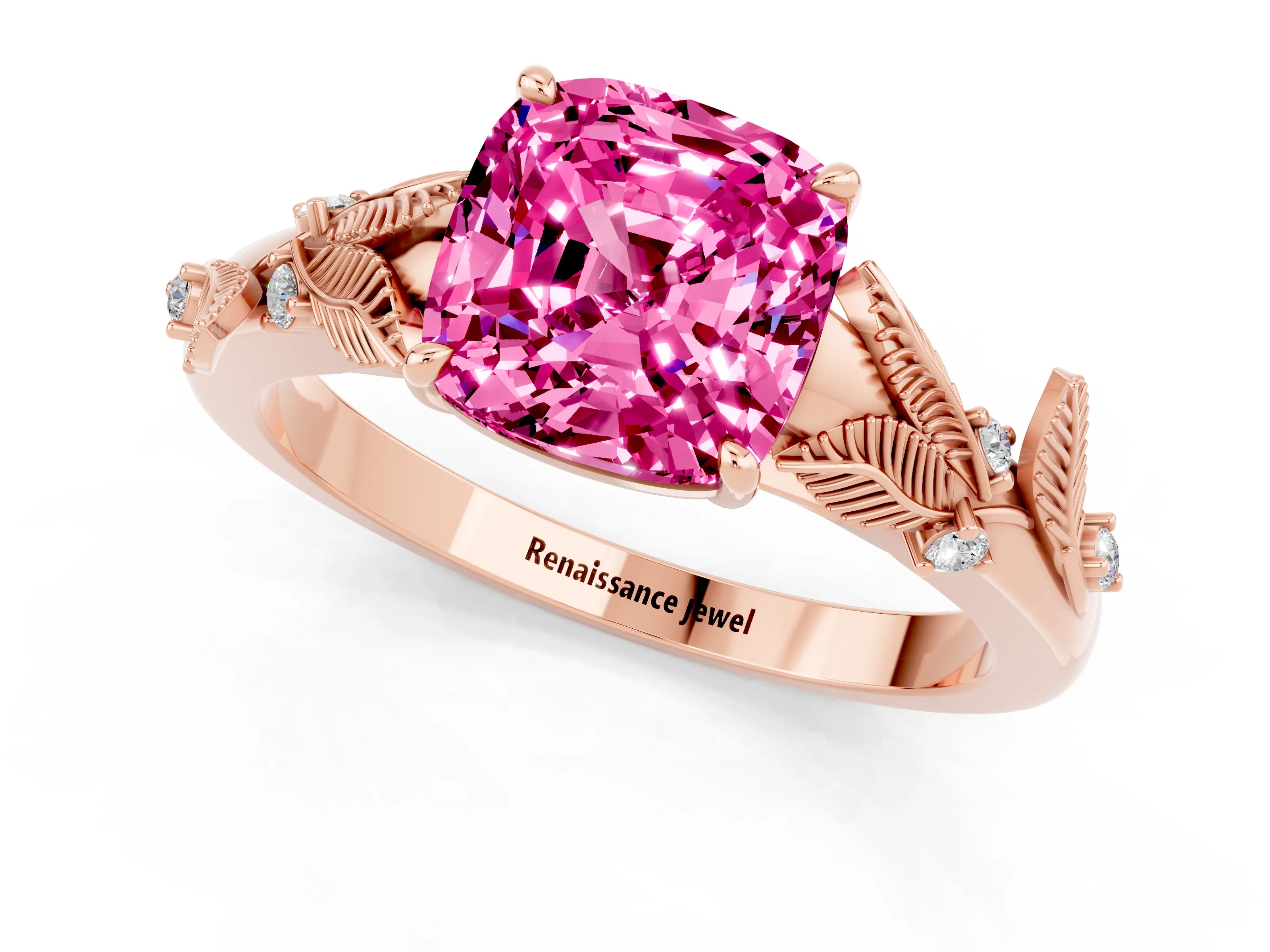 Rose gold Cushion Cut Pink Sapphire Solitaire Ring with Leaf Motif Band and Four-Prong Setting_1