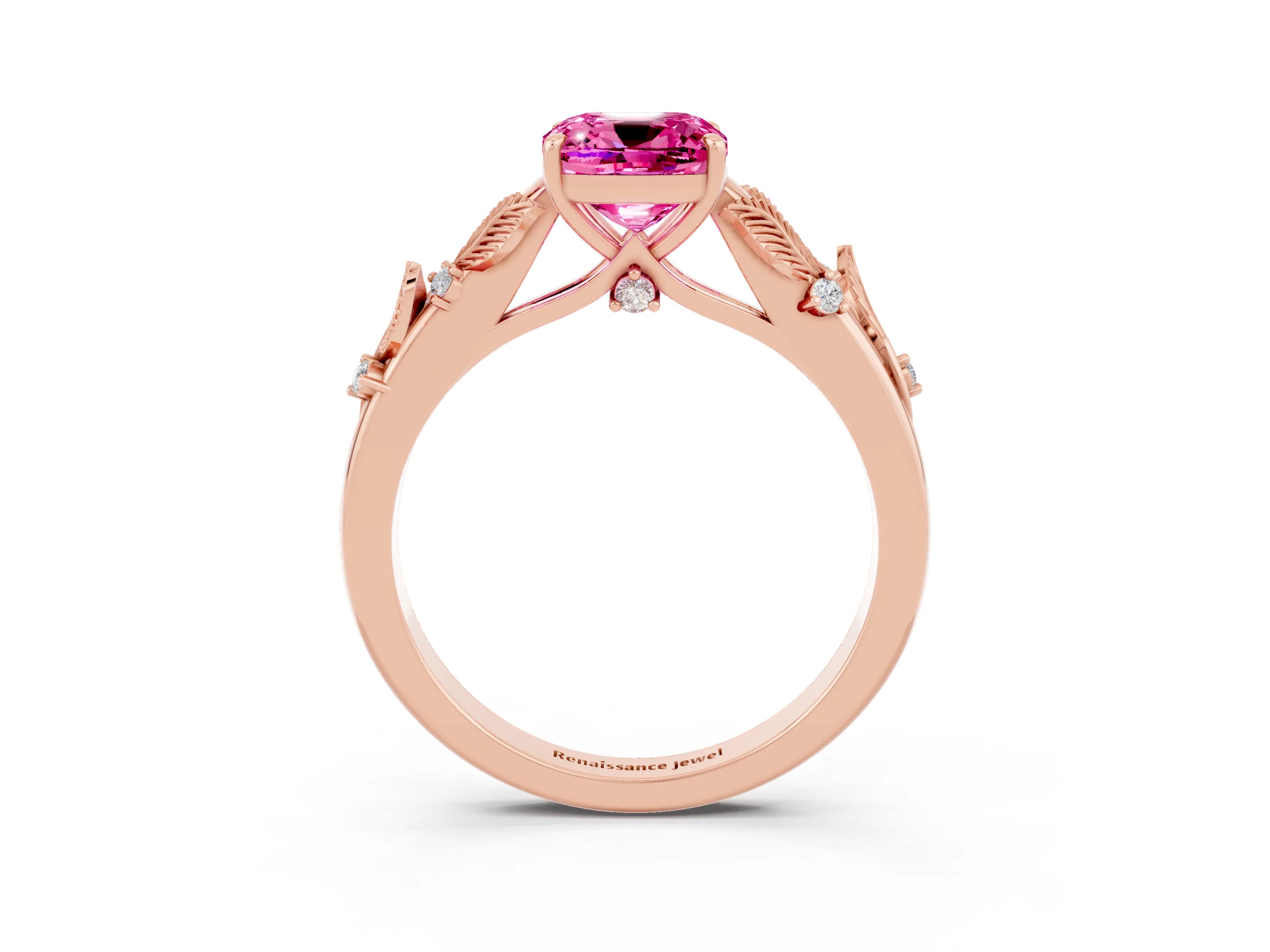 Rose gold Cushion Cut Pink Sapphire Solitaire Ring with Leaf Motif Band and Four-Prong Setting_3