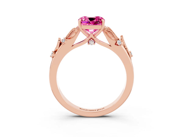 Rose gold Cushion Cut Pink Sapphire Solitaire Ring with Leaf Motif Band and Four-Prong Setting