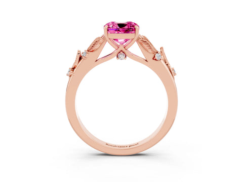 Rose gold Cushion Cut Pink Sapphire Solitaire Ring with Leaf Motif Band and Four-Prong Setting_3