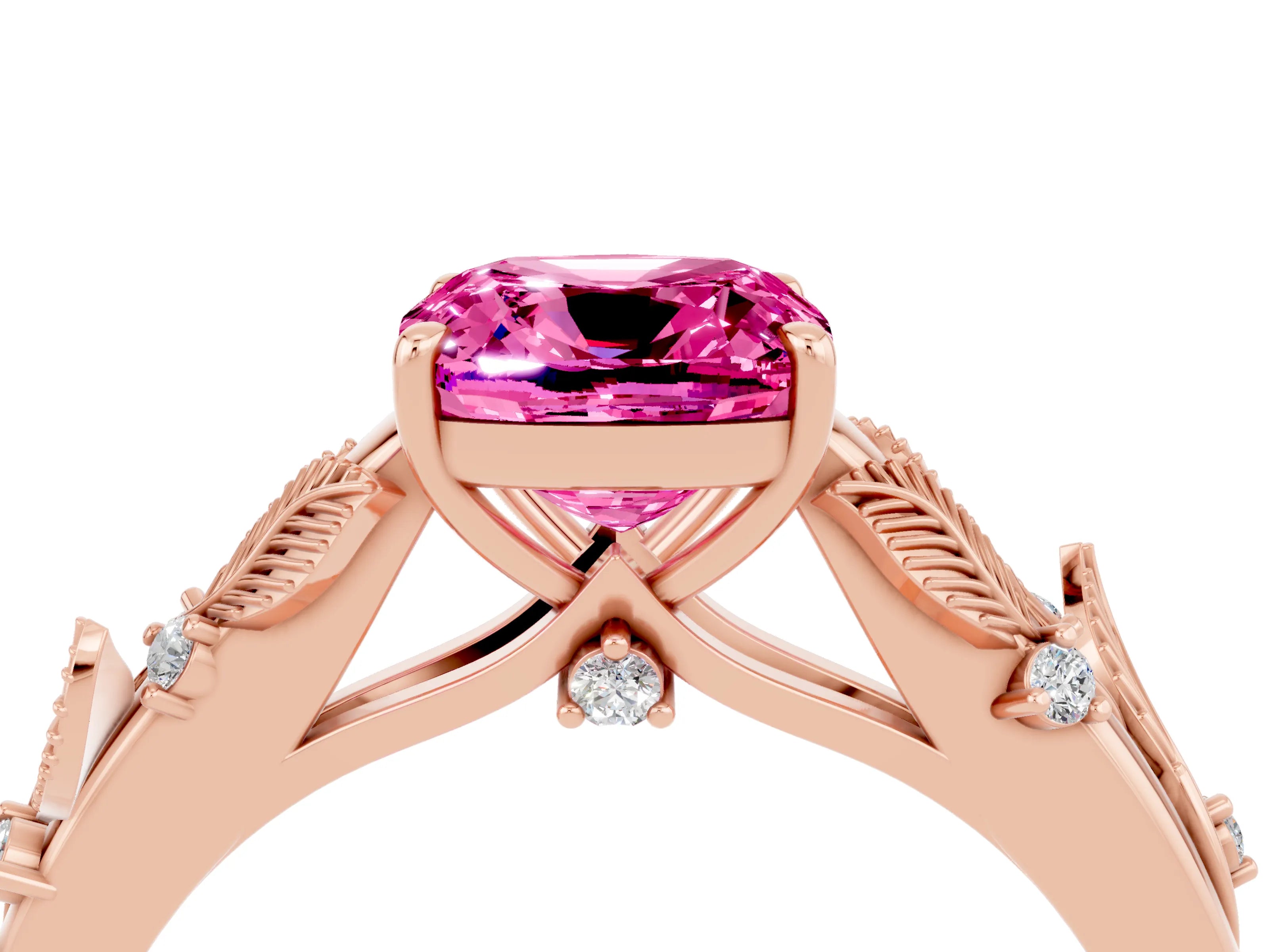 Rose gold Cushion Cut Pink Sapphire Solitaire Ring with Leaf Motif Band and Four-Prong Setting_4