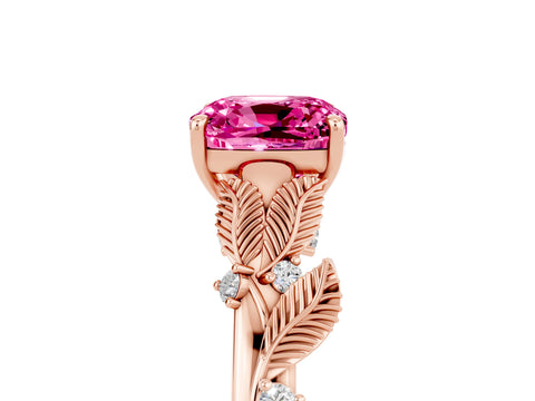 Rose gold Cushion Cut Pink Sapphire Solitaire Ring with Leaf Motif Band and Four-Prong Setting_5