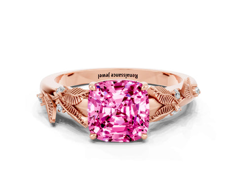 Rose gold Cushion Cut Pink Sapphire Solitaire Ring with Leaf Motif Band and Four-Prong Setting