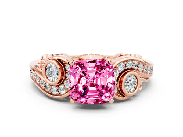 Rose gold Cushion Cut Pink Sapphire Solitaire Ring with Milgrain Pavé Band and Four-Prong Setting