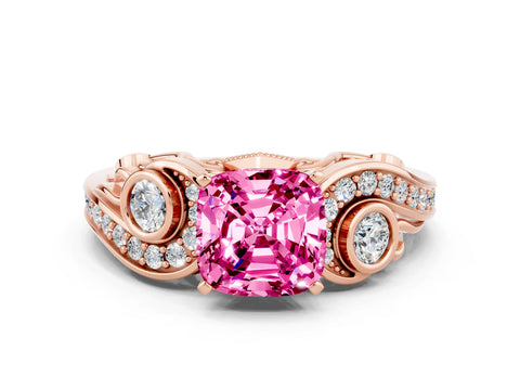 Rose gold Cushion Cut Pink Sapphire Solitaire Ring with Milgrain Pavé Band and Four-Prong Setting_24