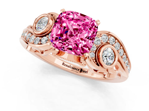 Rose gold Cushion Cut Pink Sapphire Solitaire Ring with Milgrain Pavé Band and Four-Prong Setting_25