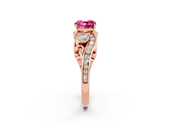 Rose gold Cushion Cut Pink Sapphire Solitaire Ring with Milgrain Pavé Band and Four-Prong Setting