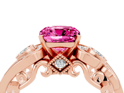 Rose gold Cushion Cut Pink Sapphire Solitaire Ring with Milgrain Pavé Band and Four-Prong Setting_28