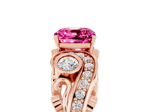 Rose gold Cushion Cut Pink Sapphire Solitaire Ring with Milgrain Pavé Band and Four-Prong Setting_29