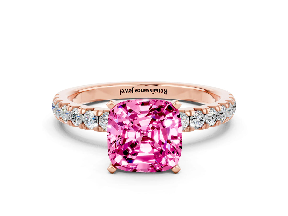 Rose gold Cushion Cut Pink Sapphire Solitaire Ring with Pavé Accents and Four-Prong Setting_24