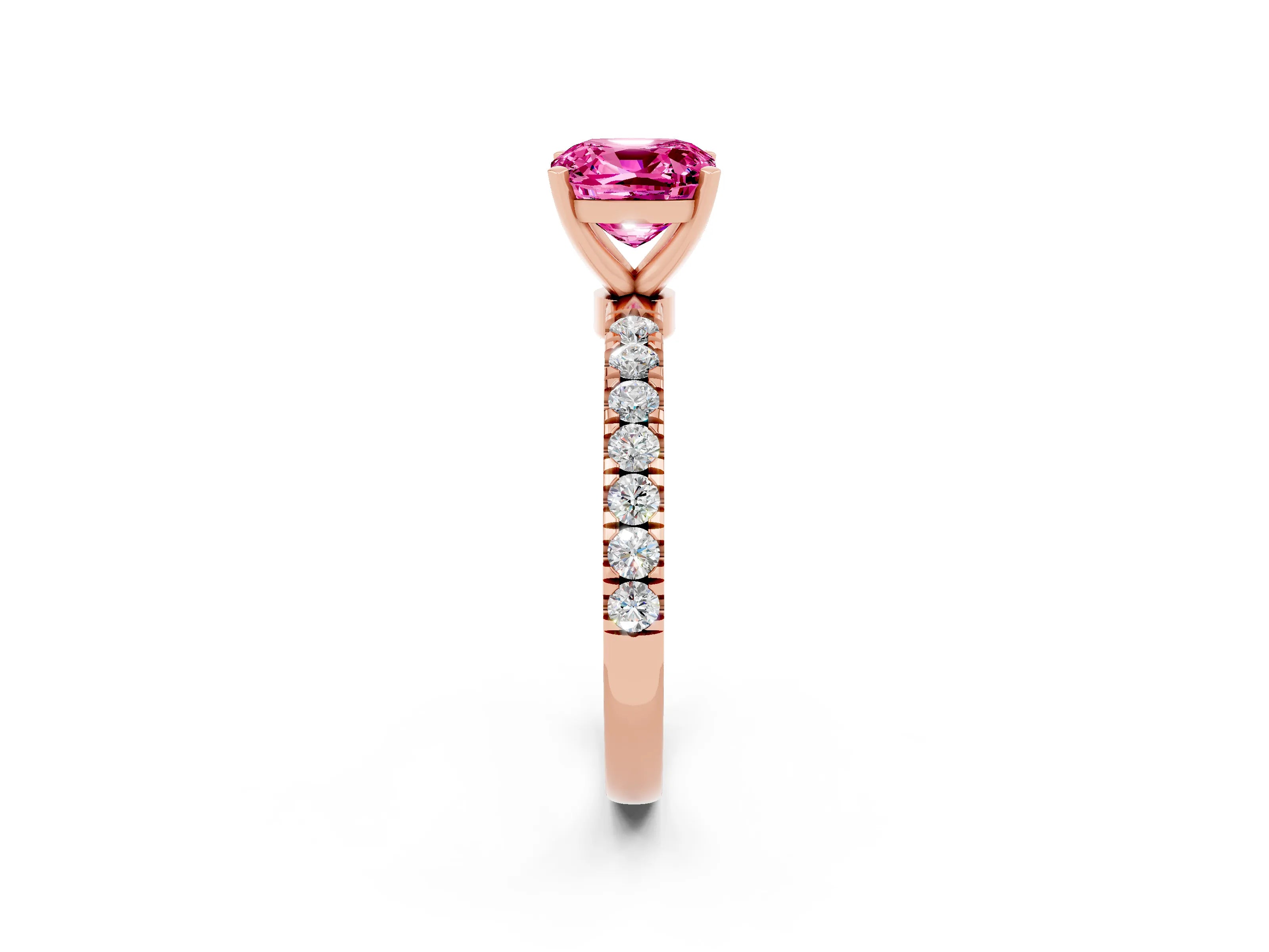 Rose gold Cushion Cut Pink Sapphire Solitaire Ring with Pavé Accents and Four-Prong Setting_26