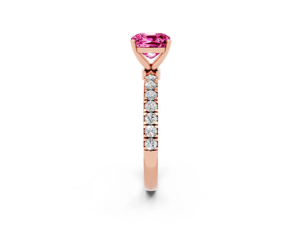 Rose gold Cushion Cut Pink Sapphire Solitaire Ring with Pavé Accents and Four-Prong Setting