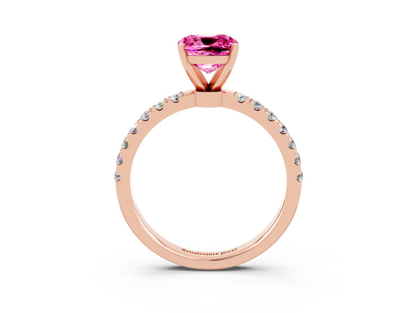 Rose gold Cushion Cut Pink Sapphire Solitaire Ring with Pavé Accents and Four-Prong Setting