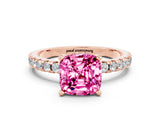 Rose gold Cushion Cut Pink Sapphire Solitaire Ring with Pavé Band and Four-Prong Setting_12