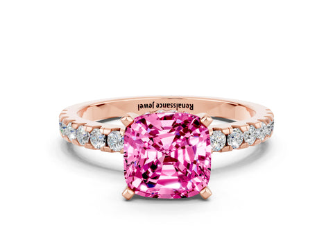 Rose gold Cushion Cut Pink Sapphire Solitaire Ring with Pavé Band and Four-Prong Setting_12