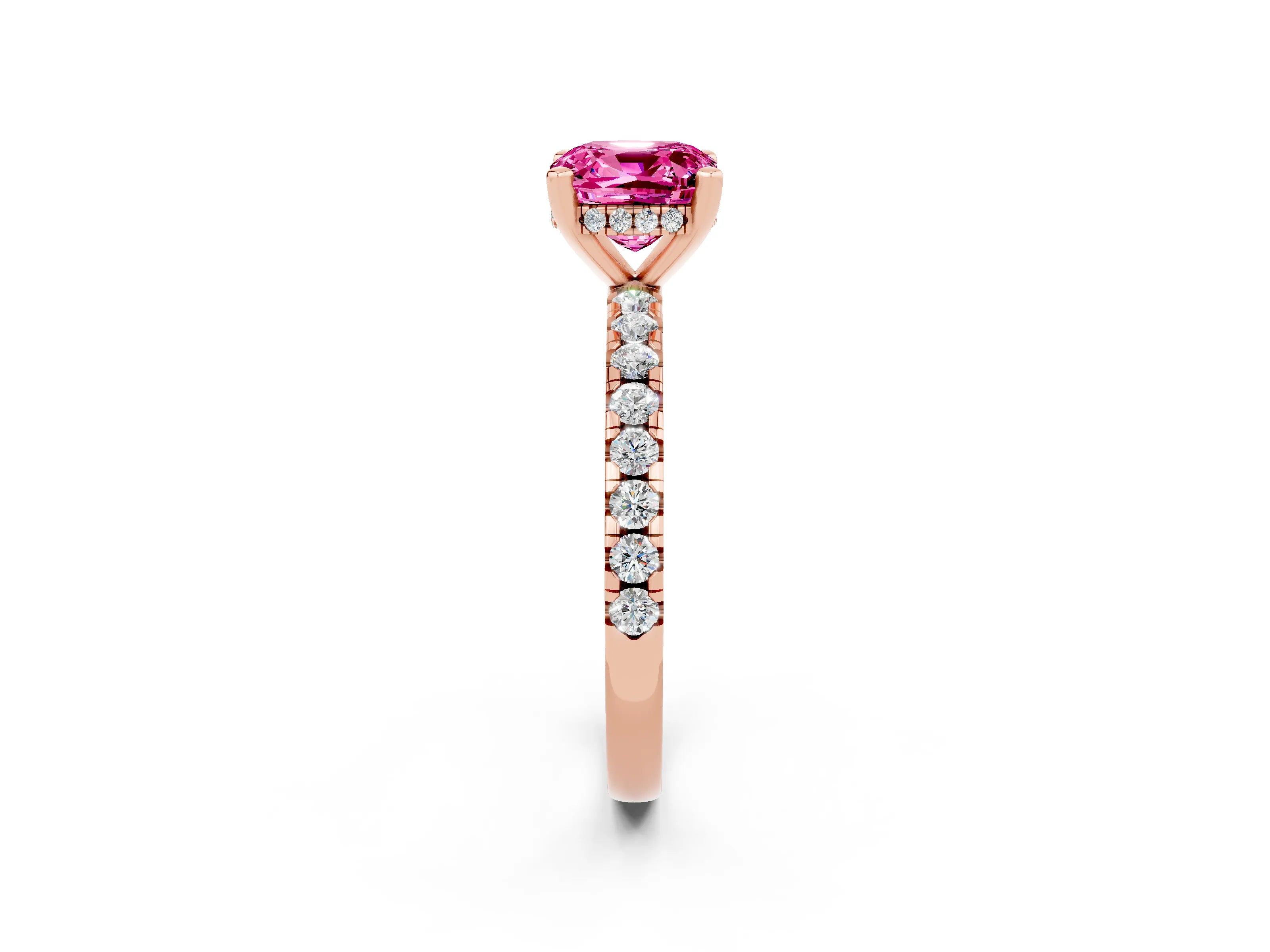 Rose gold Cushion Cut Pink Sapphire Solitaire Ring with Pavé Band and Four-Prong Setting_14