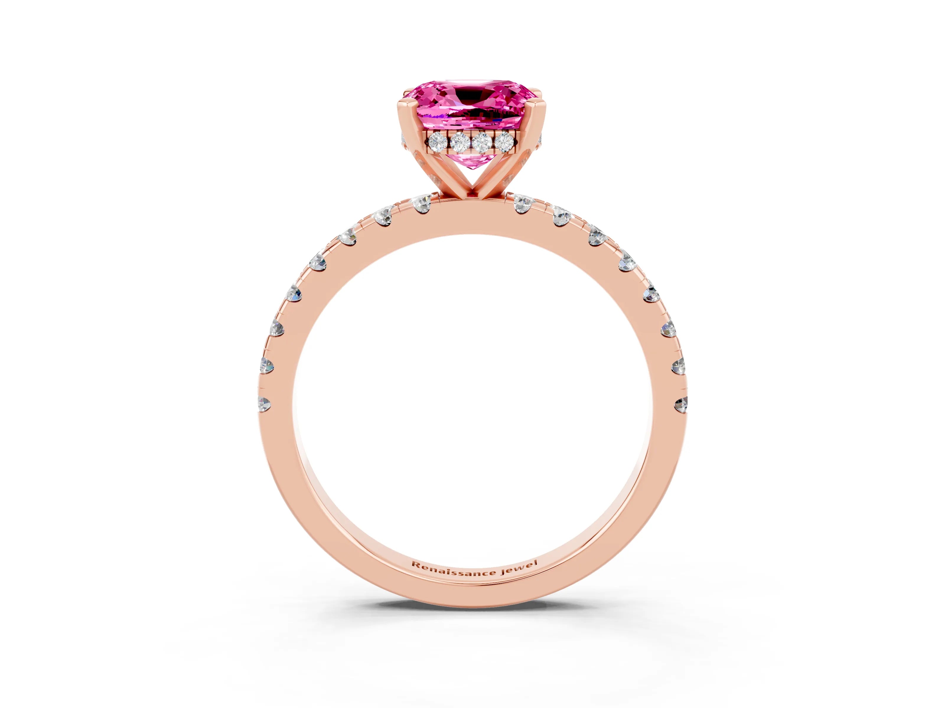 Rose gold Cushion Cut Pink Sapphire Solitaire Ring with Pavé Band and Four-Prong Setting_15