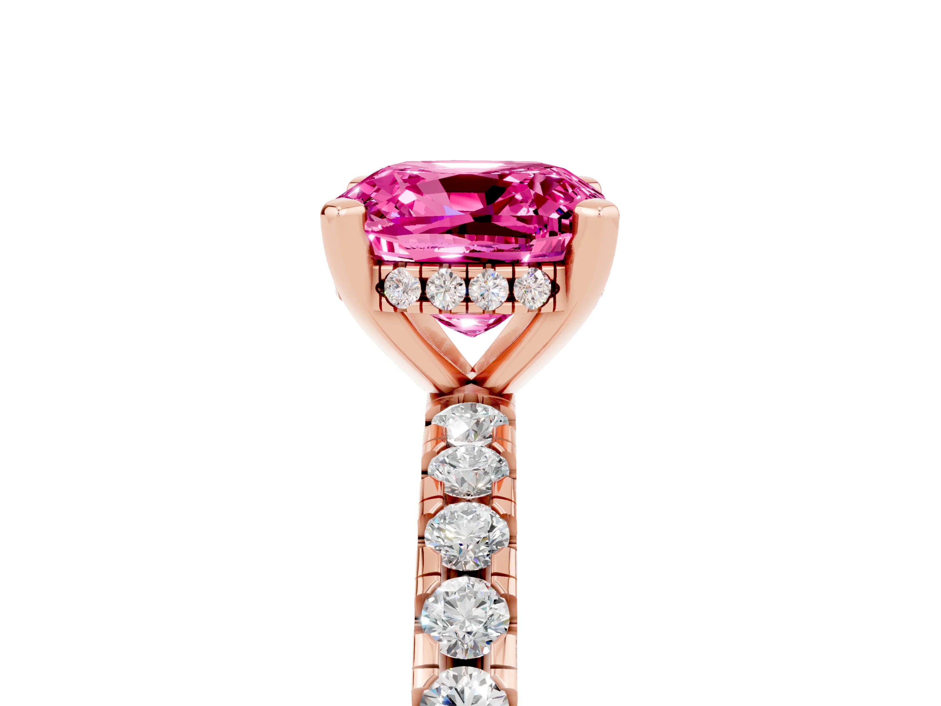 Rose gold Cushion Cut Pink Sapphire Solitaire Ring with Pavé Band and Four-Prong Setting_17